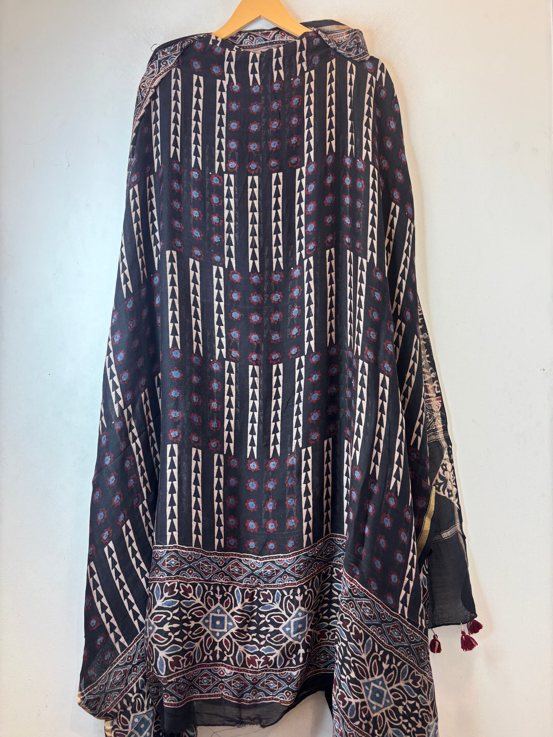 Black Mul Chanderi Ajrakh Printed Unstitched Suit Set