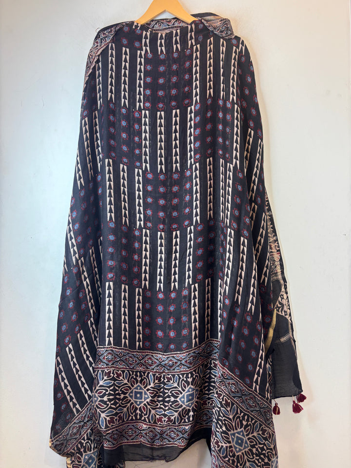 Black Mul Chanderi Ajrakh Printed Unstitched Suit Set