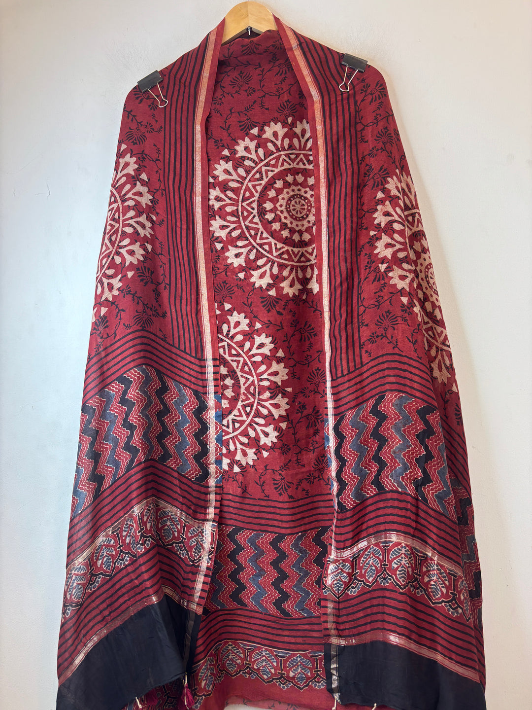 Maroon Mul Chanderi Ajrakh Printed Unstitched Suit Set