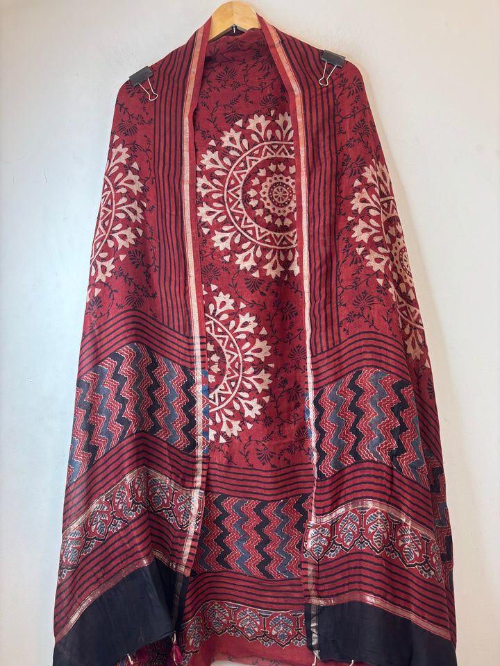 Maroon Mul Chanderi Ajrakh Printed Unstitched Suit Set