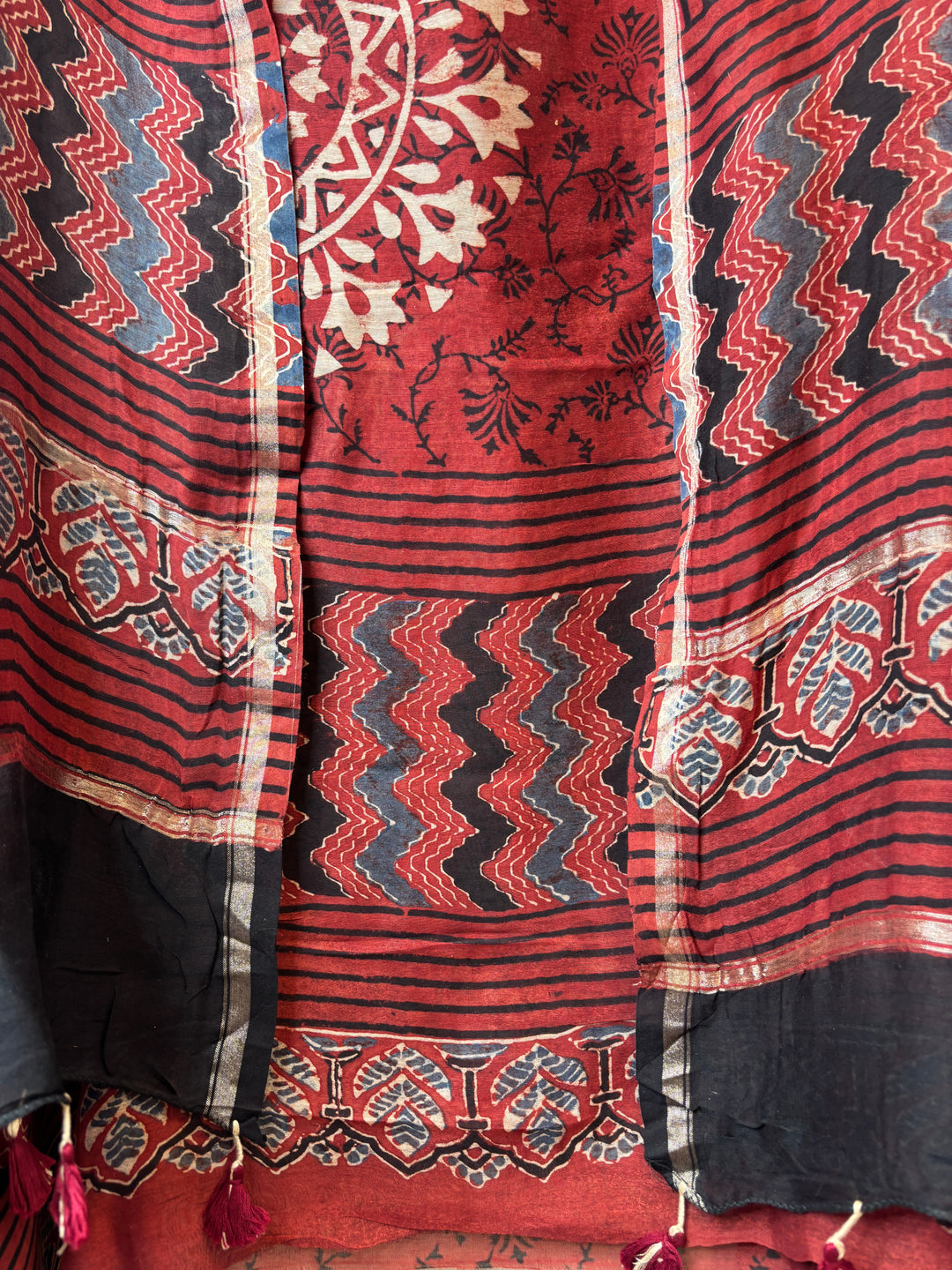 Maroon Mul Chanderi Ajrakh Printed Unstitched Suit Set