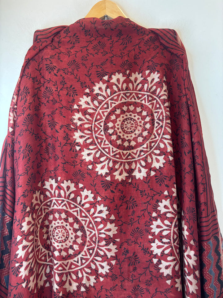 Maroon Mul Chanderi Ajrakh Printed Unstitched Suit Set