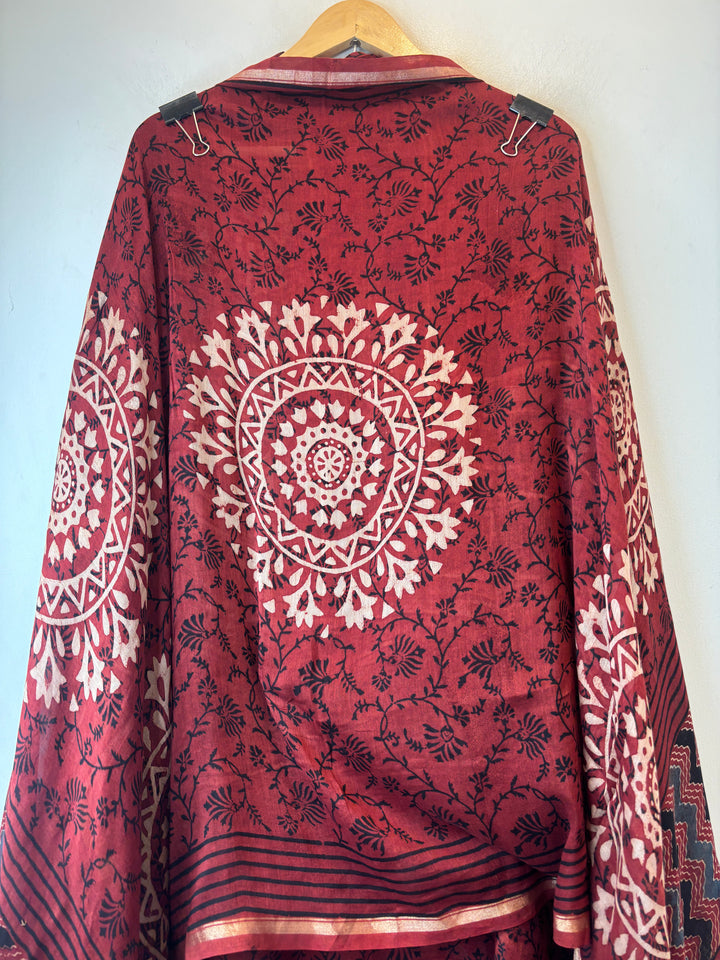 Maroon Mul Chanderi Ajrakh Printed Unstitched Suit Set