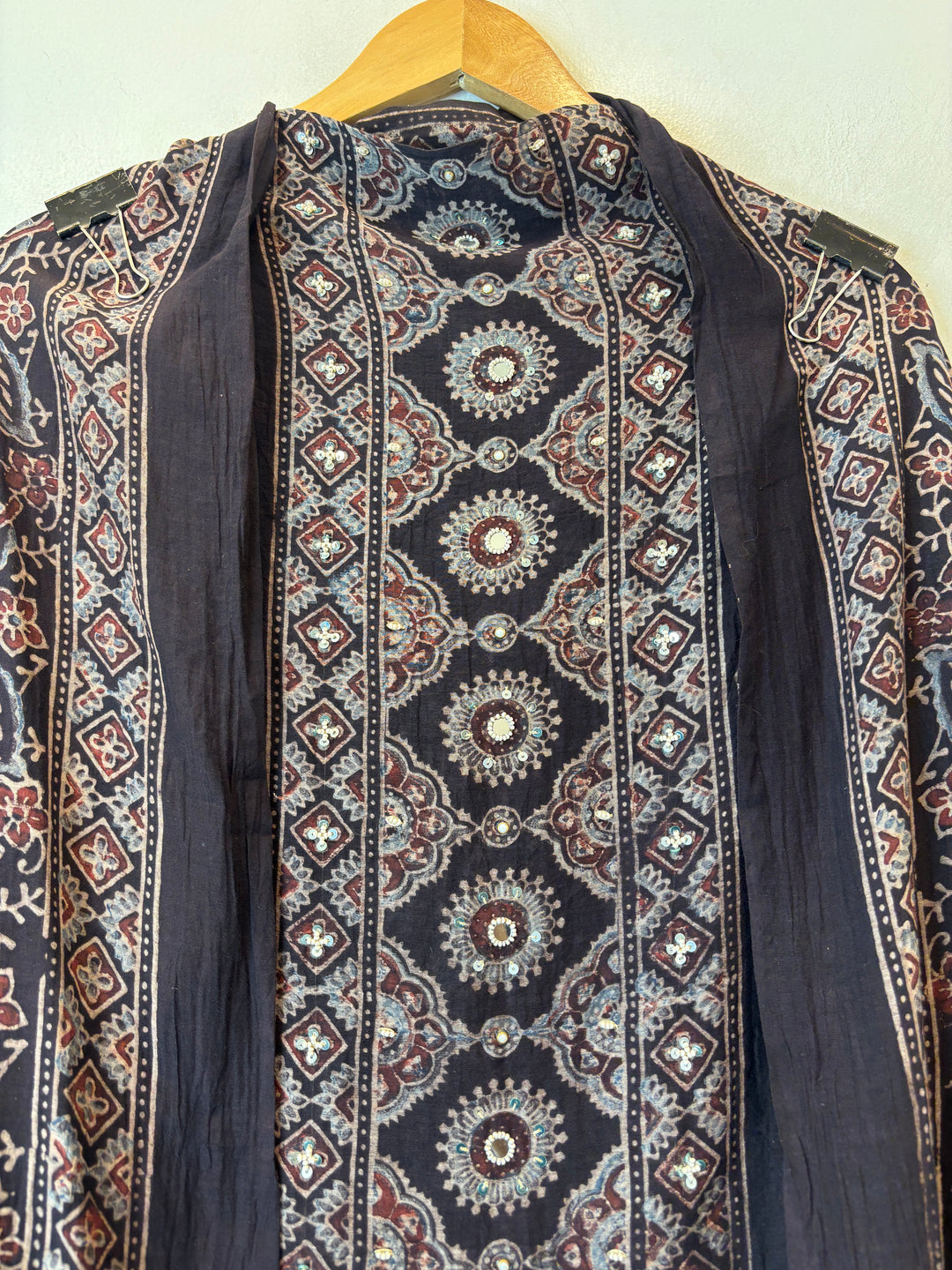 Aarini – Black Mul Chanderi Ajrakh Handwork Suit