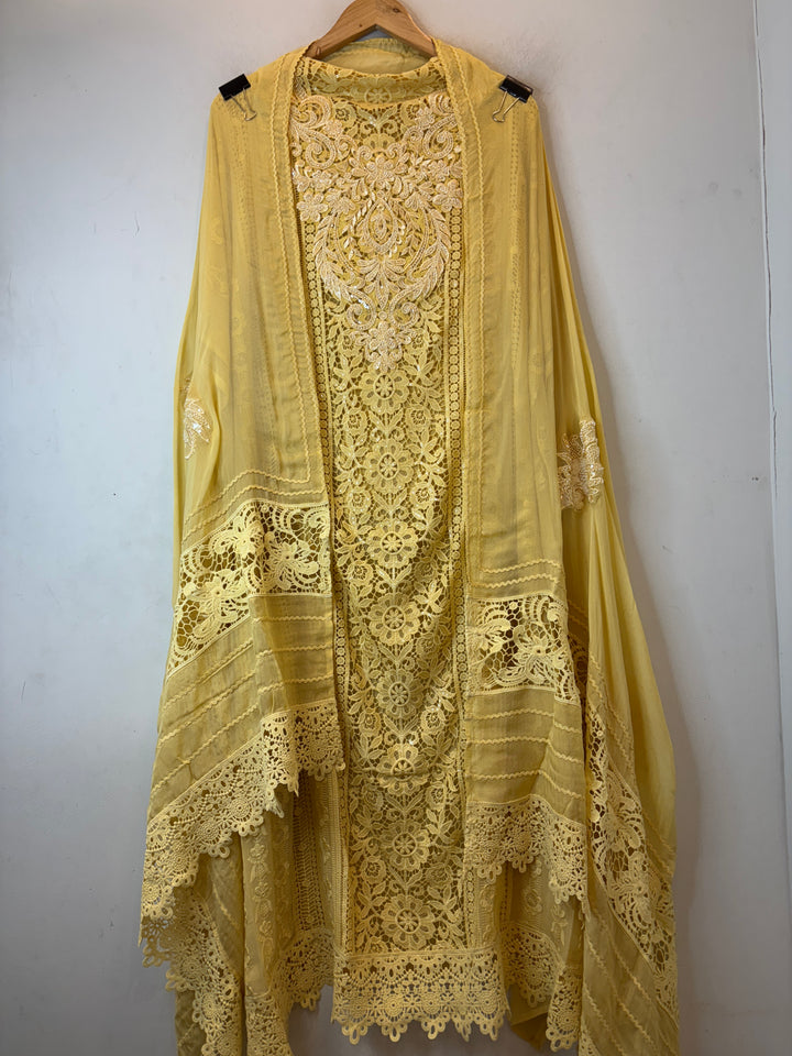 Aplira – Yellow Georgette Appliqué Embroidered Suit