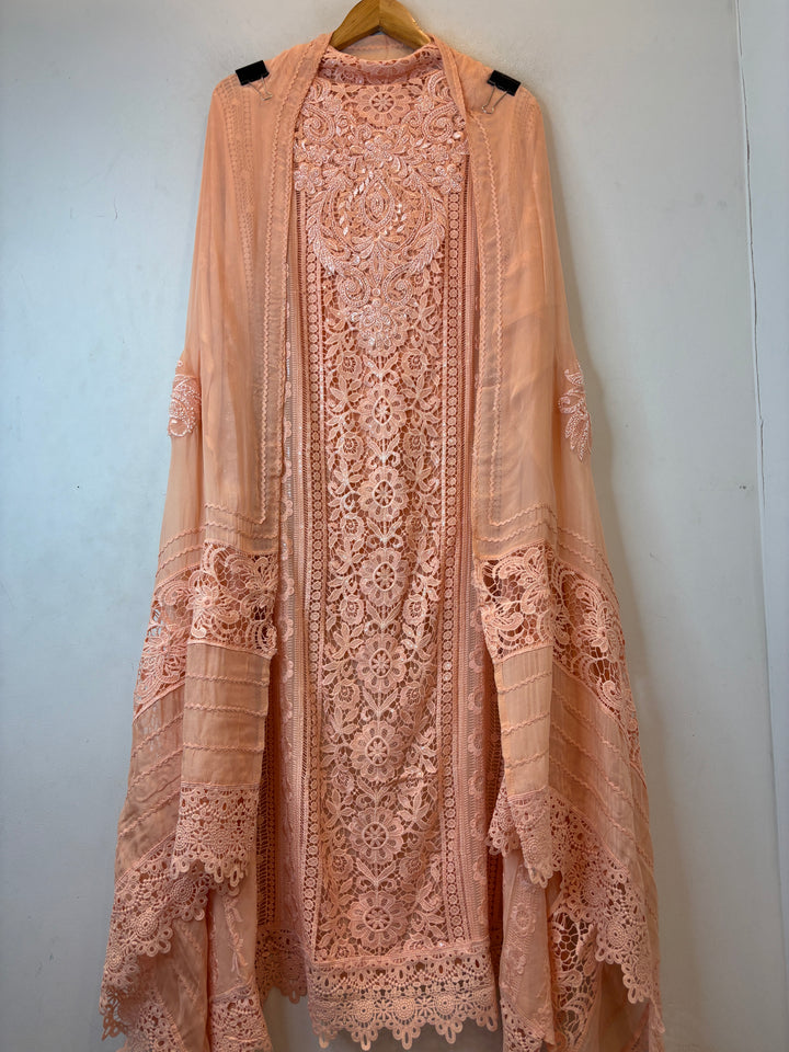 Aplira – Peach Georgette Appliqué Embroidered Suit