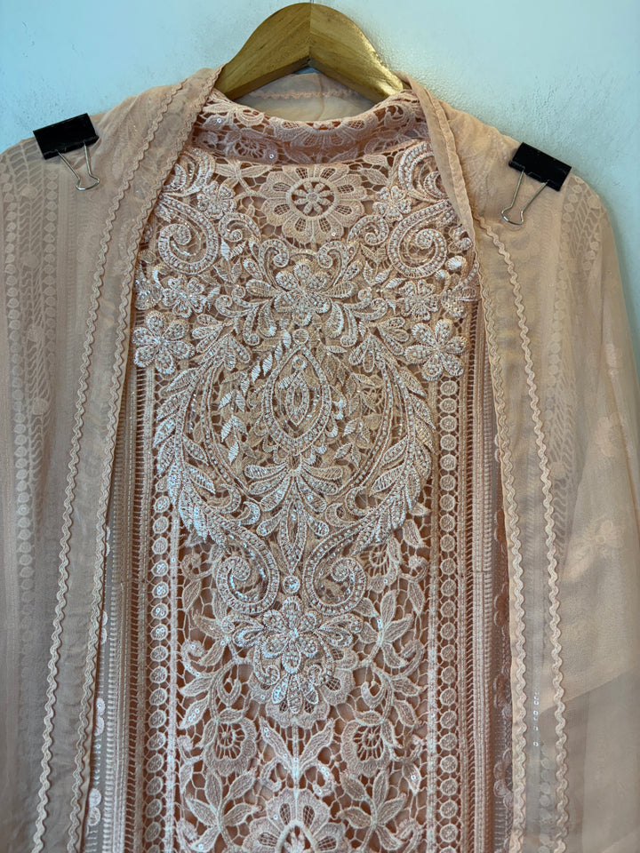 Aplira – Peach Georgette Appliqué Embroidered Suit