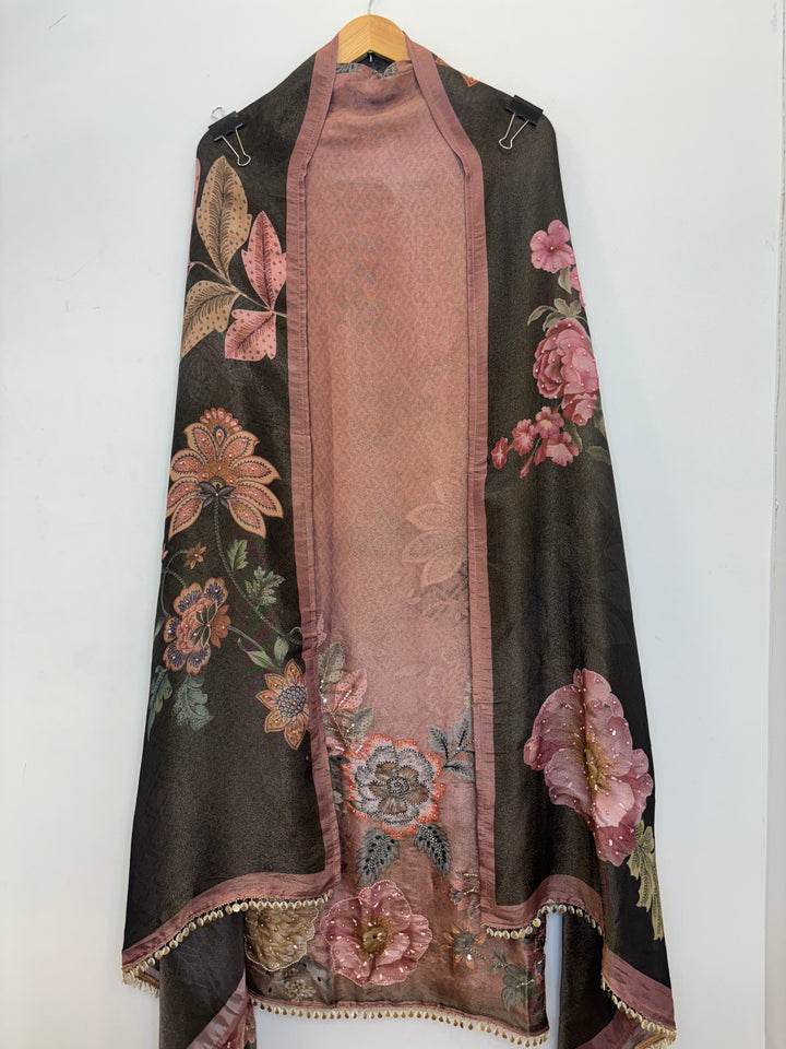 Shimmer Tissue Unstitched Suit with Digital Print &amp; Handwork Detailing