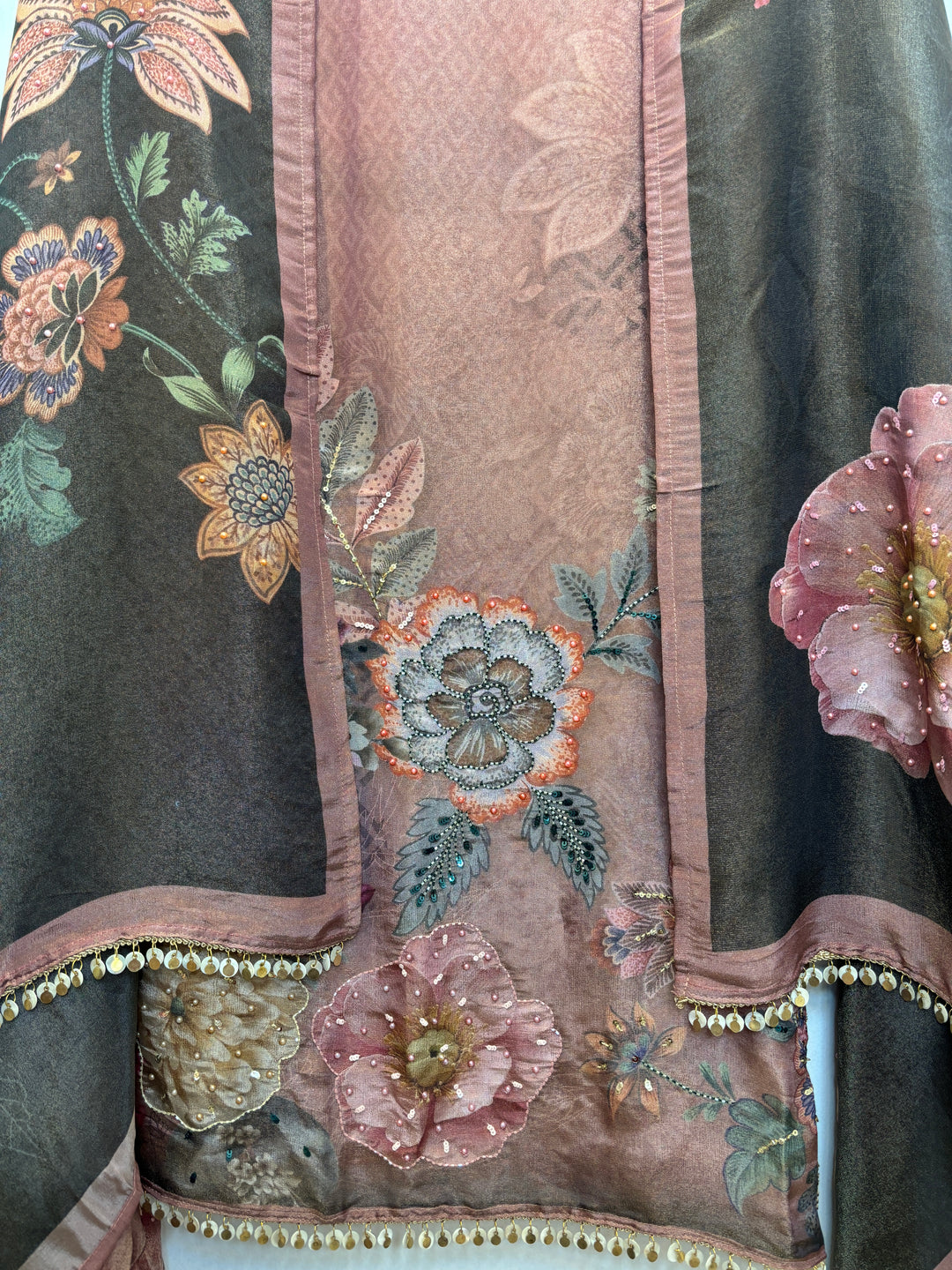 Shimmer Tissue Unstitched Suit with Digital Print &amp; Handwork Detailing
