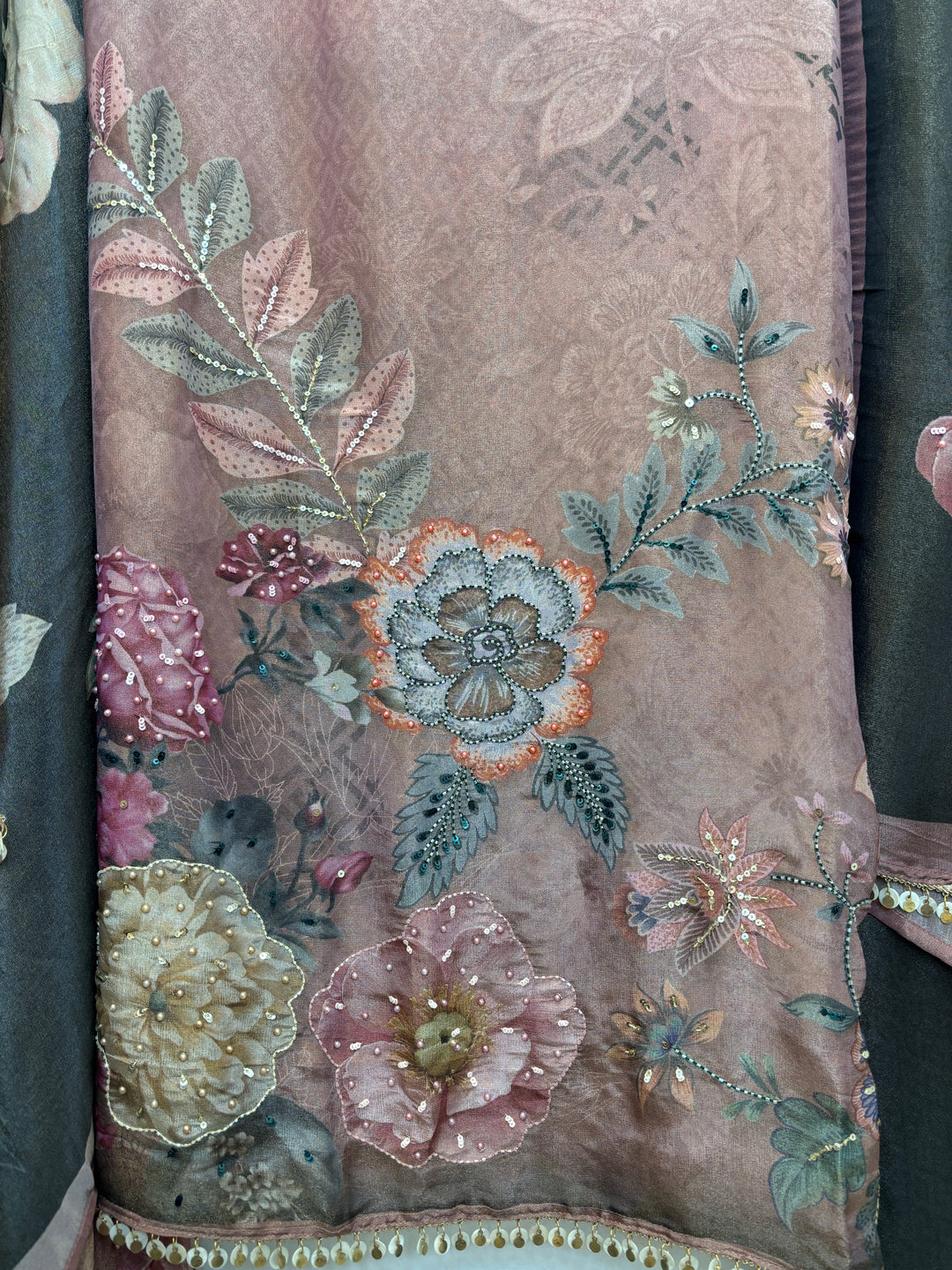 Shimmer Tissue Unstitched Suit with Digital Print &amp; Handwork Detailing