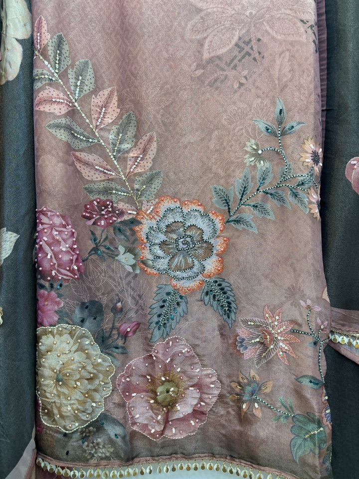 Shimmer Tissue Unstitched Suit with Digital Print &amp; Handwork Detailing