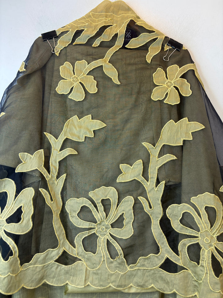 Yellow Crush Mul Appliqué Suit Set with Cutwork Detailing