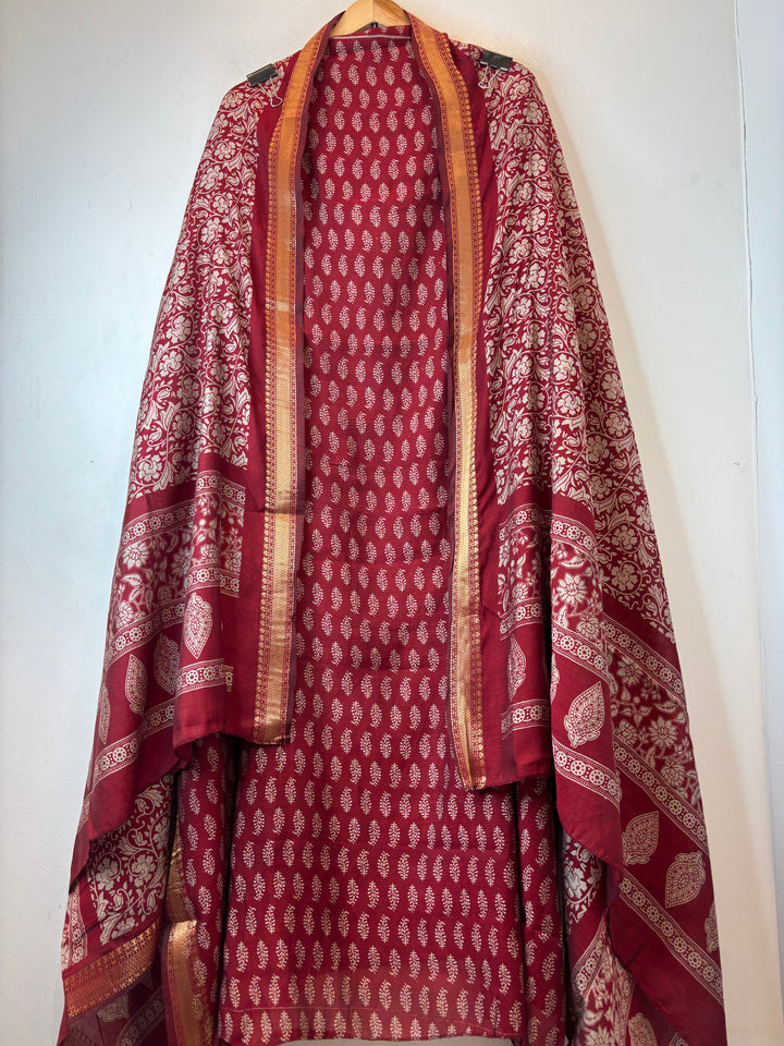 Red Cotton Silk Printed Suit Set