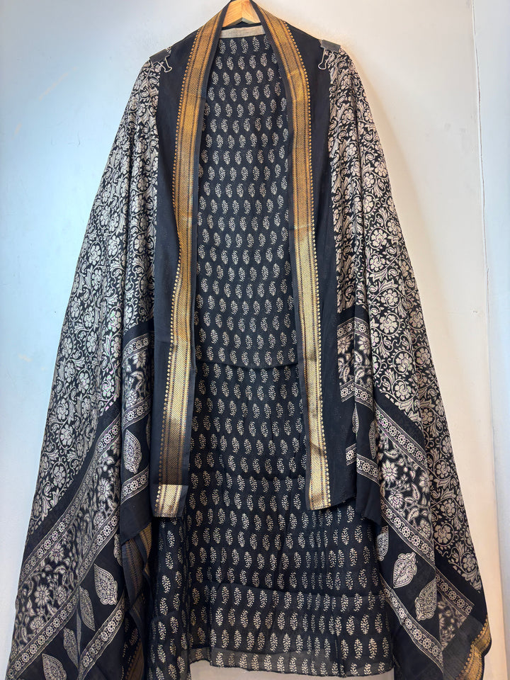 Black Cotton Silk Printed Suit Set