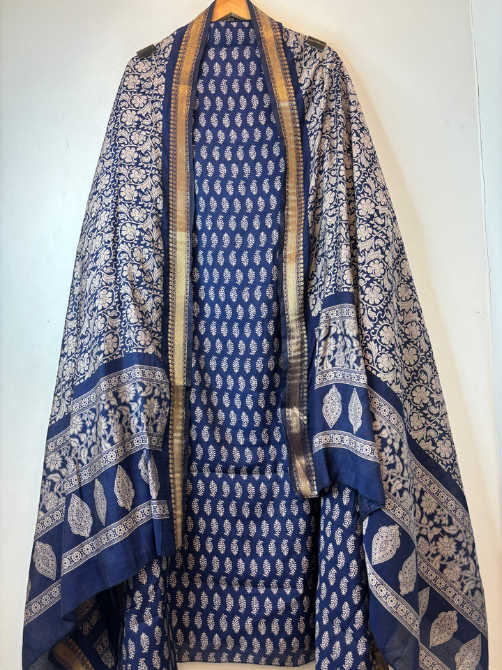 Blue Cotton Silk Printed Suit Set