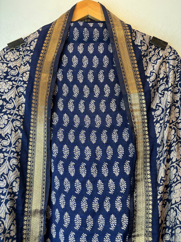 Blue Cotton Silk Printed Suit Set