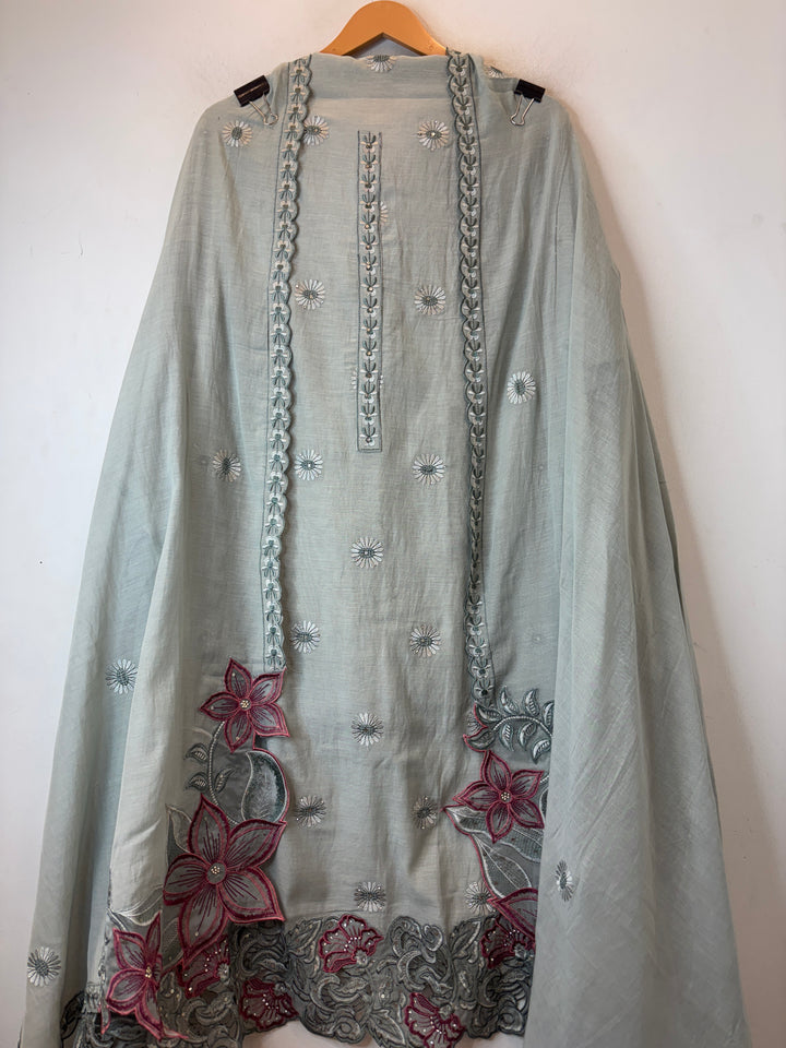 Gulbano – Grey Mul Chanderi Cutwork Embroidered Suit