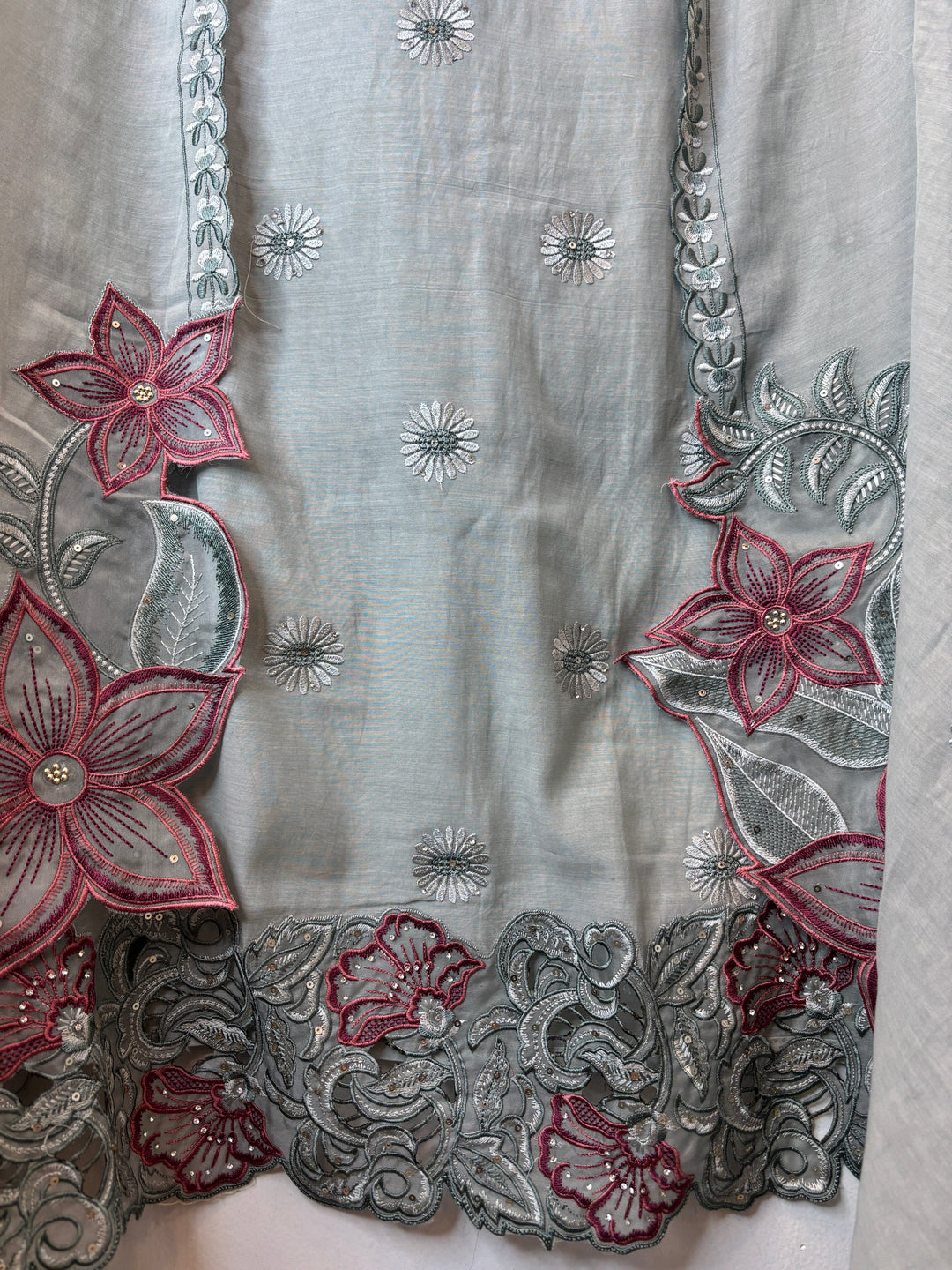 Gulbano – Grey Mul Chanderi Cutwork Embroidered Suit