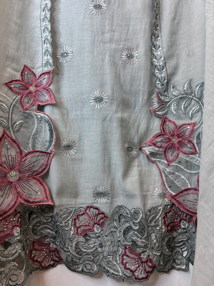 Gulbano – Grey Mul Chanderi Cutwork Embroidered Suit