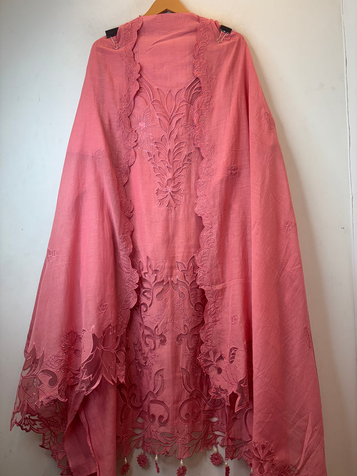 Mehera – Peach Mul Chanderi Cutwork Embroidered Suit