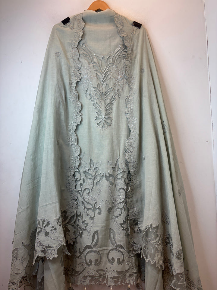 Mehera – Greyish Green Mul Chanderi Cutwork Embroidered Suit
