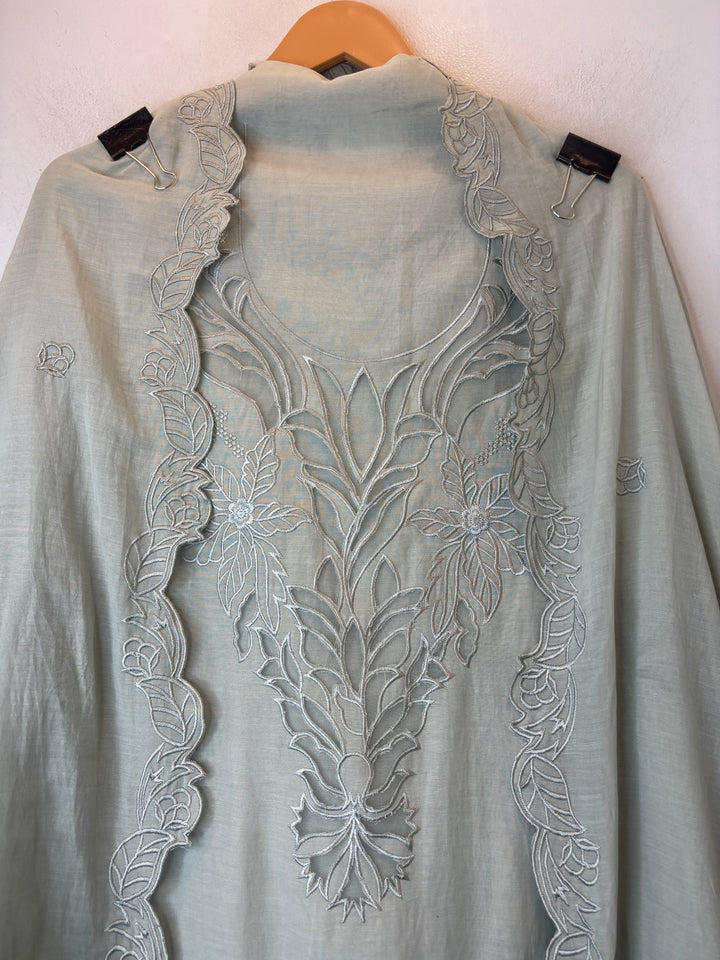 Mehera – Greyish Green Mul Chanderi Cutwork Embroidered Suit