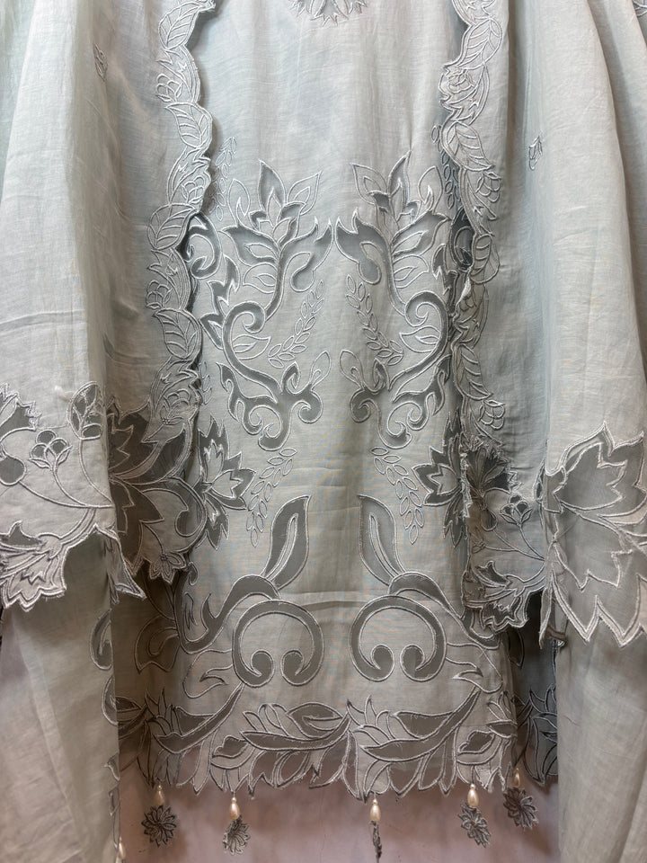 Mehera – Greyish Green Mul Chanderi Cutwork Embroidered Suit