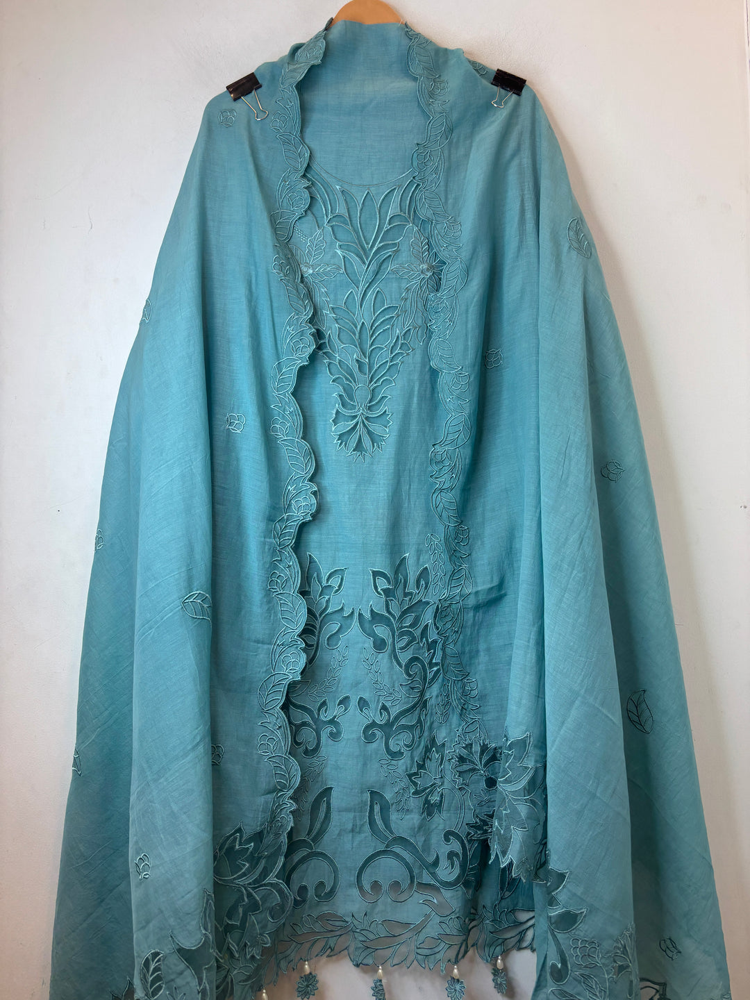 Mehera – Blue Mul Chanderi Cutwork Embroidered Suit