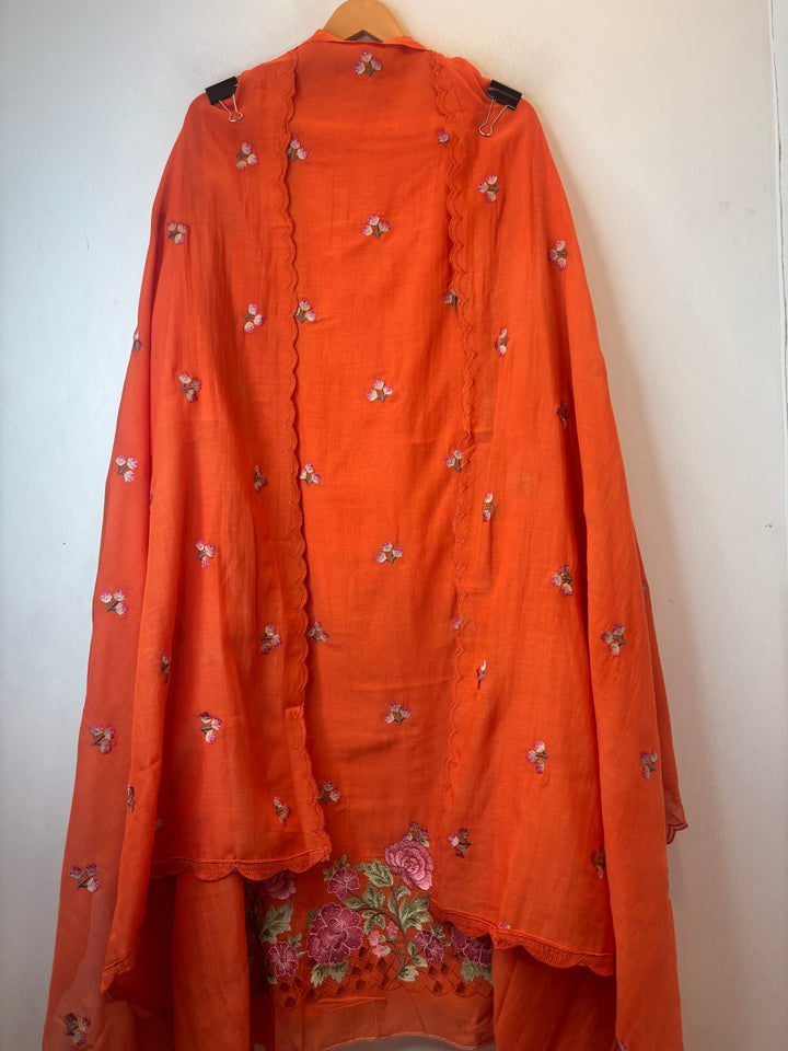Gulnaar – Orange Mul Chanderi Embroidered Suit