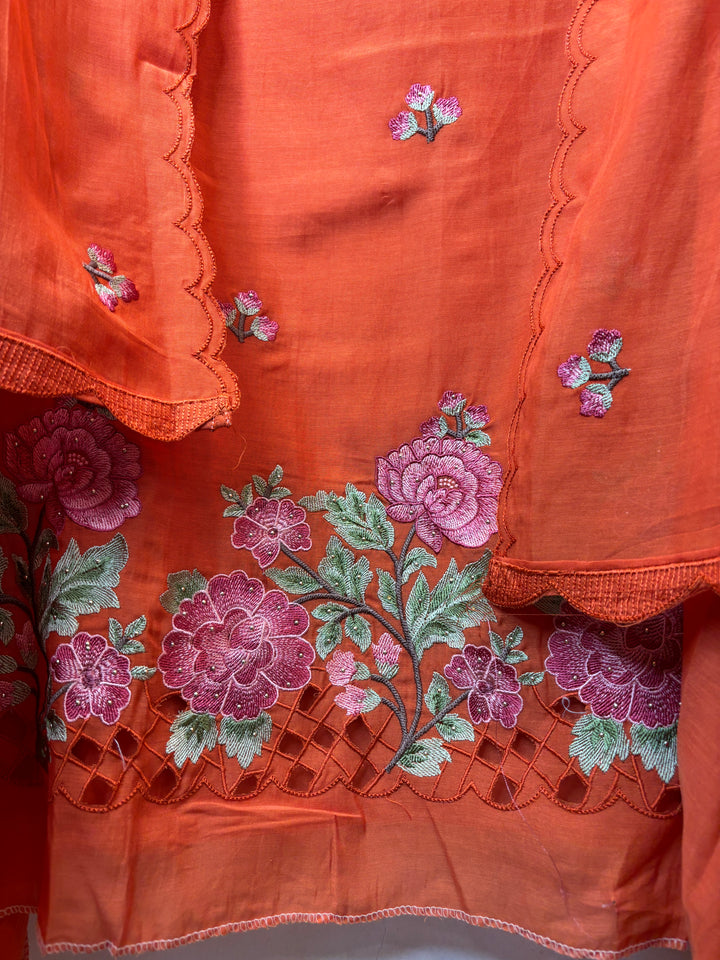 Gulnaar – Orange Mul Chanderi Embroidered Suit