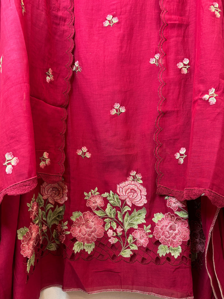 Gulnaar – Cherry Mul Chanderi Embroidered Suit
