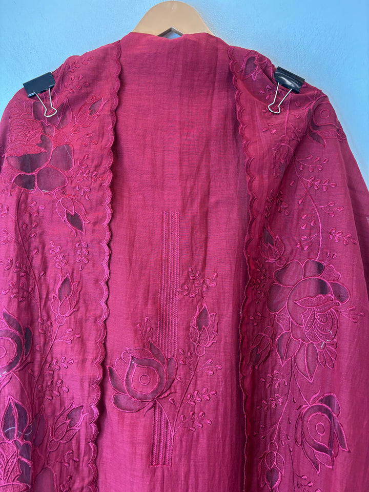 Mehrunnisa – Reddish Maroon Mul Chanderi Embroidered Suit