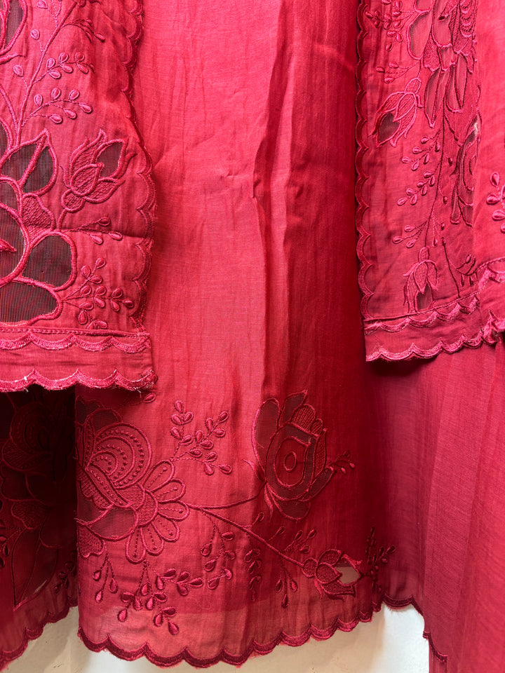 Mehrunnisa – Reddish Maroon Mul Chanderi Embroidered Suit
