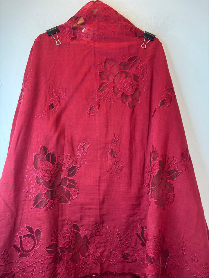 Mehrunnisa – Reddish Maroon Mul Chanderi Embroidered Suit