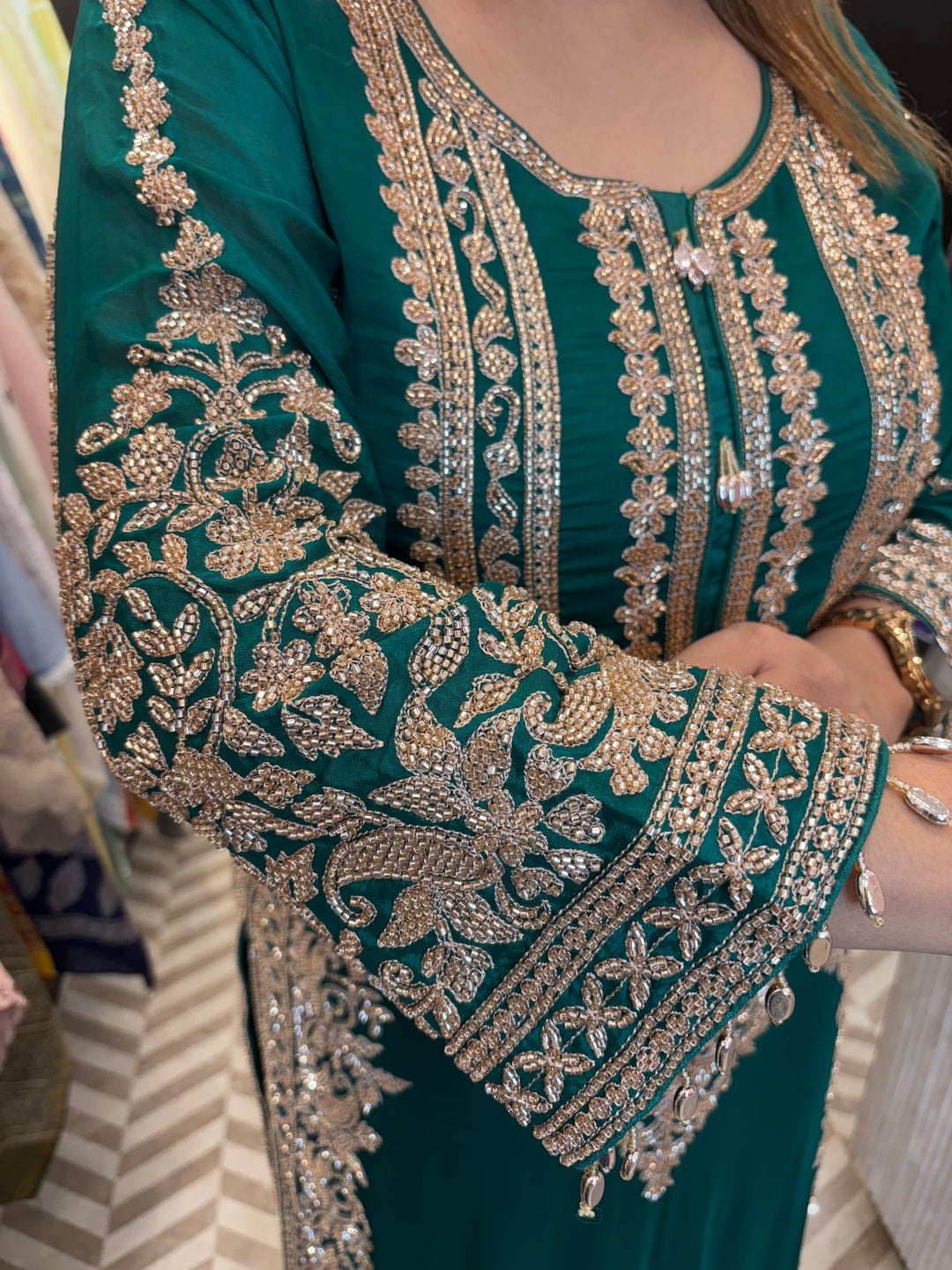 Elara – Ambrane Green Chinon Beaded Pakistani  stitched Set