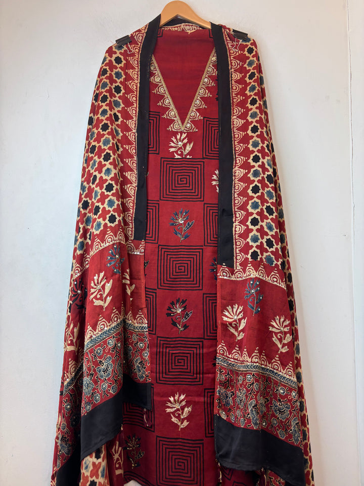 Aabroo – Deep Rust Red Modal Ajrakh Handblock Print Suit
