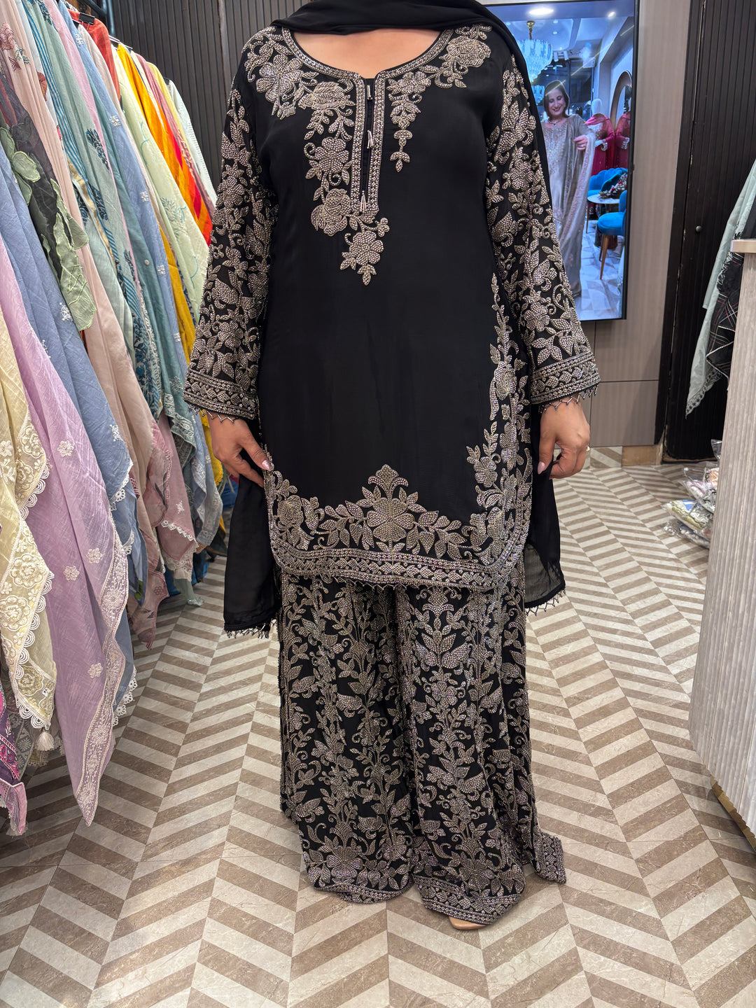 Mahira – Black Chinon Heavy Sharara Set