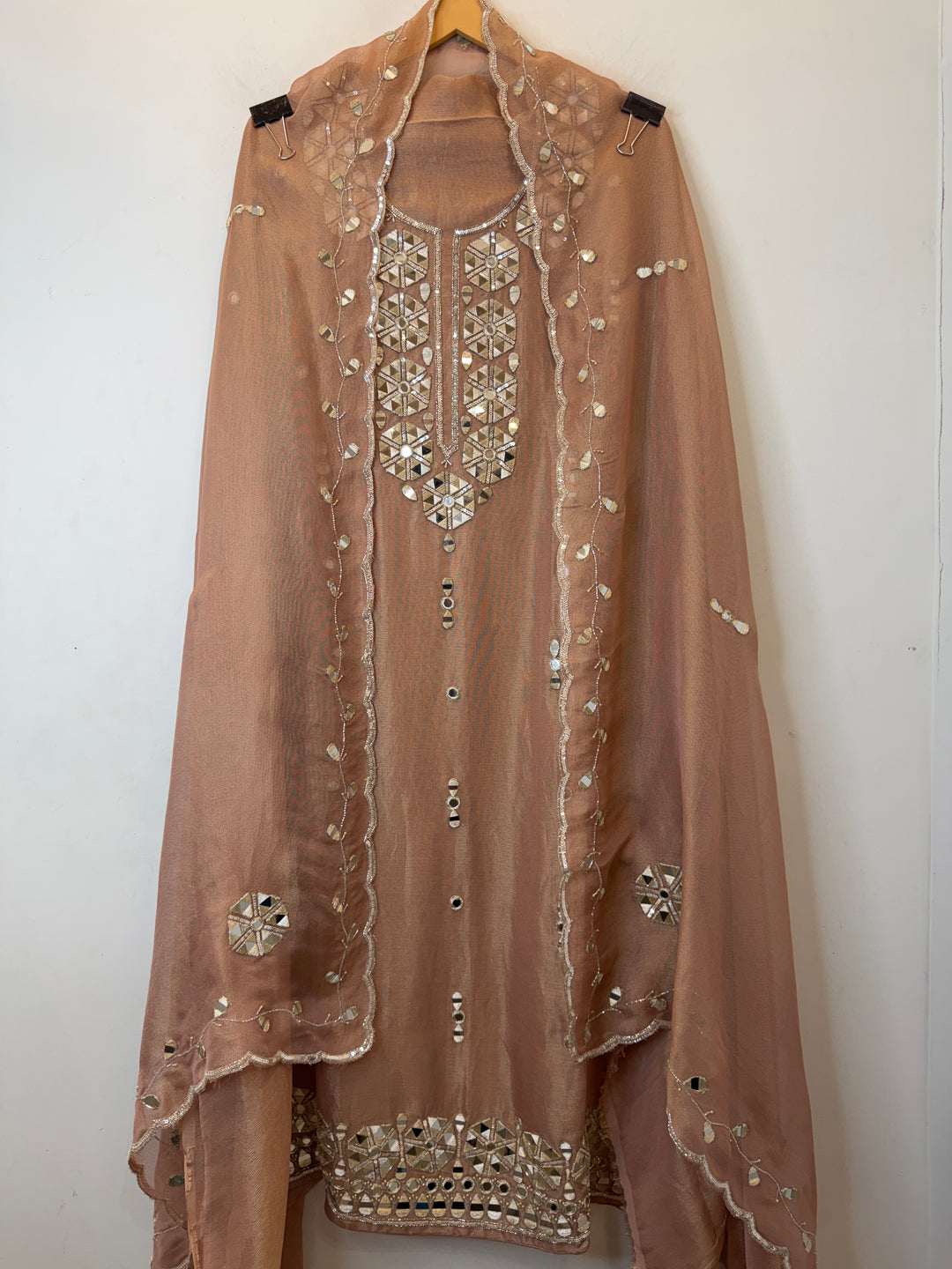 Rivana – Peach Tissue Burberry Mirror Handwork Suit