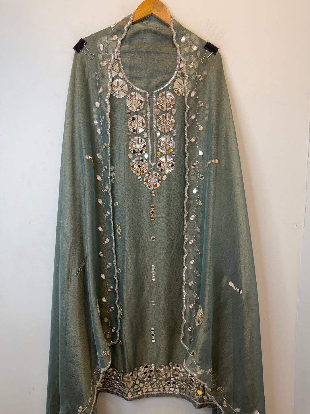 Rivana – Dusty Green Tissue Burberry Mirror Handwork Suit
