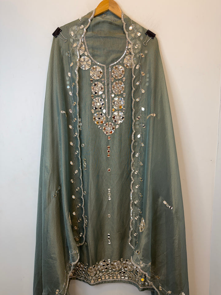 Rivana – Dusty Green Tissue Burberry Mirror Handwork Suit