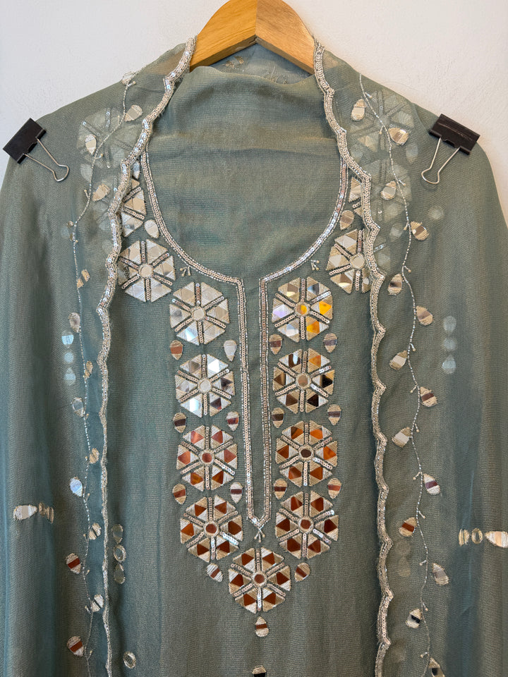 Rivana – Dusty Green Tissue Burberry Mirror Handwork Suit
