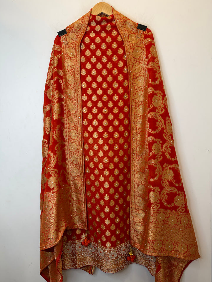 Zareya – Rust Orange Khadi Georgette &amp; Brocade Handwork Suit
