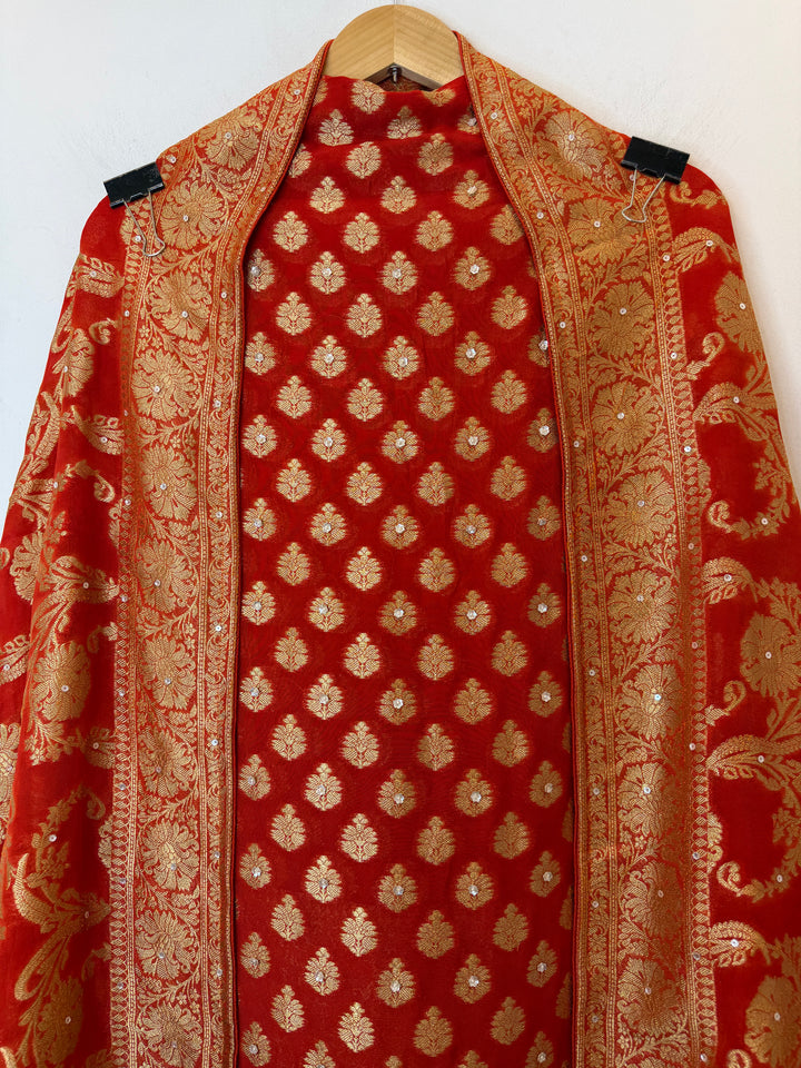 Zareya – Rust Orange Khadi Georgette &amp; Brocade Handwork Suit