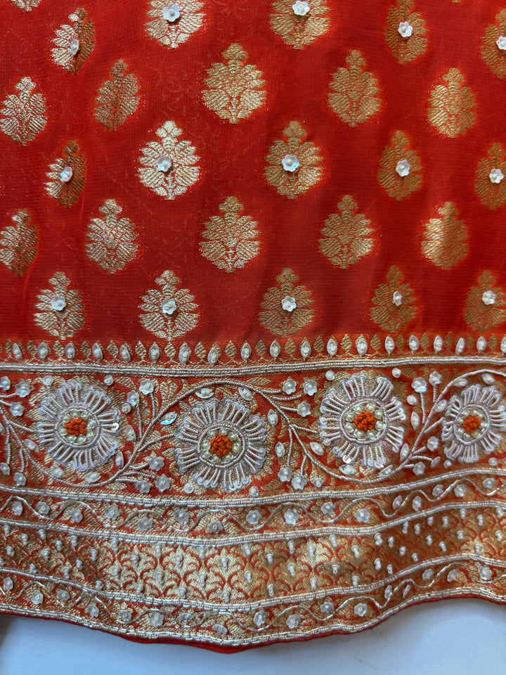 Zareya – Rust Orange Khadi Georgette &amp; Brocade Handwork Suit