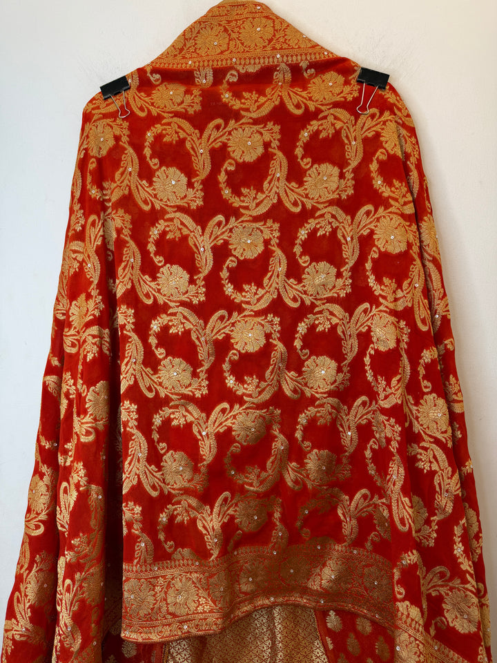 Zareya – Rust Orange Khadi Georgette &amp; Brocade Handwork Suit