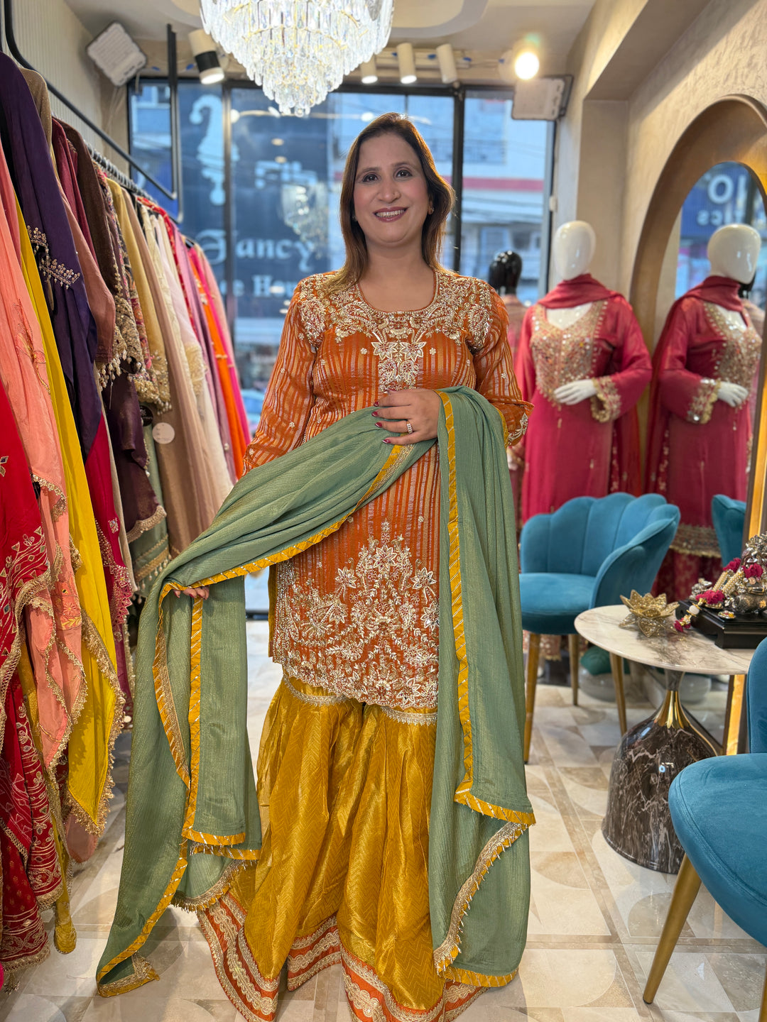 Zarina – Orange Tissue Lurex Handwork Garara Set