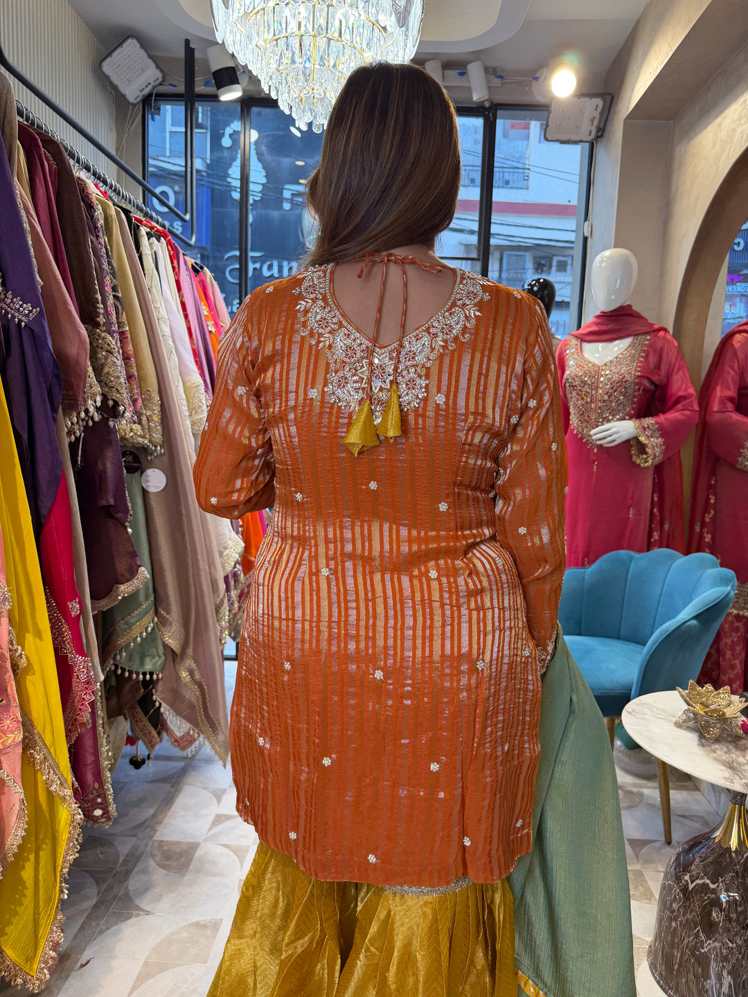 Zarina – Orange Tissue Lurex Handwork Garara Set