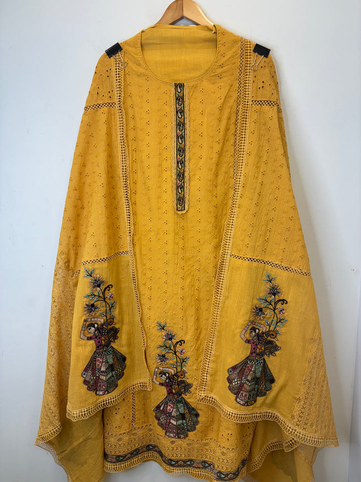 Yellow Hakuba Cotton Suit with Embroidery &amp; Lace Detailing