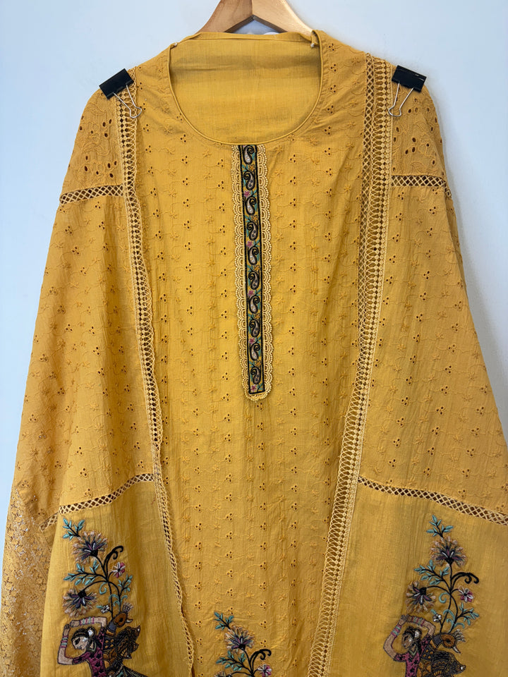 Yellow Hakuba Cotton Suit with Embroidery &amp; Lace Detailing