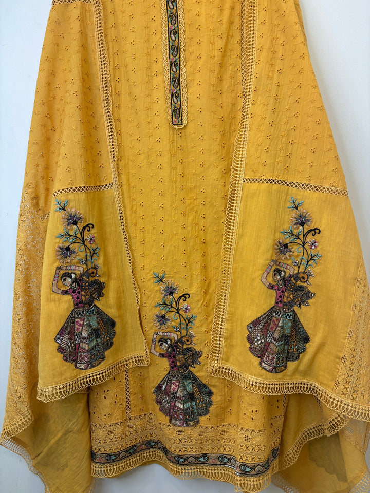 Yellow Hakuba Cotton Suit with Embroidery &amp; Lace Detailing